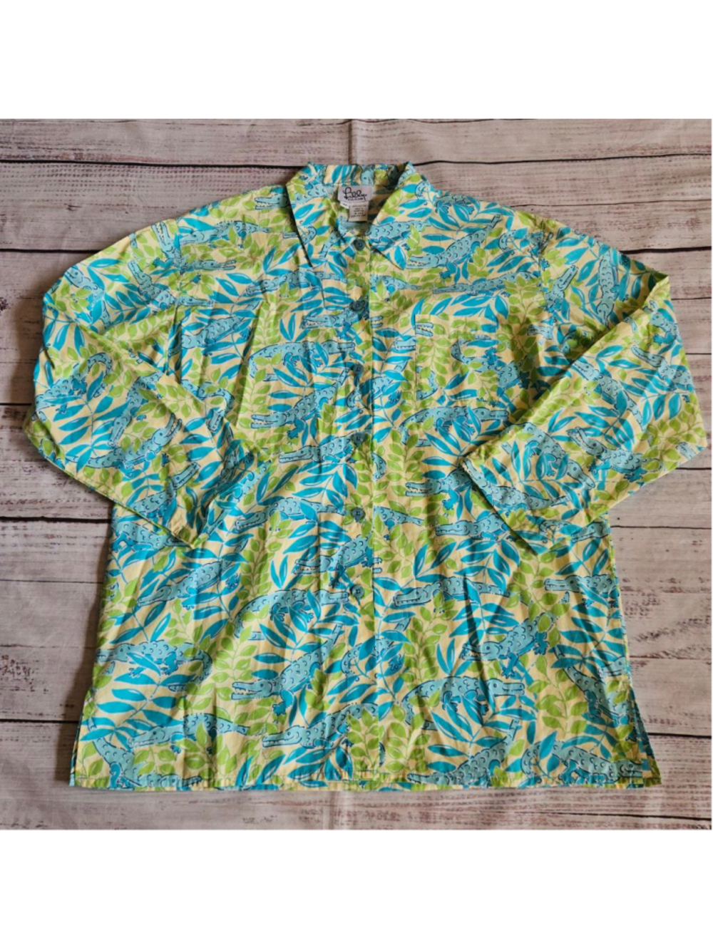 Vintage Y2K Lilly Pulitzer Alligator Green Blue Preppy Southern Button Up Medium